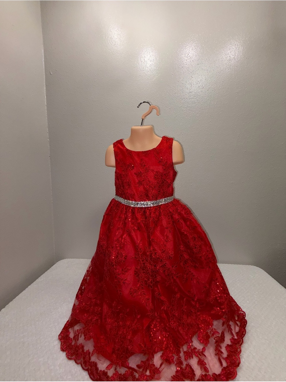 Red Girls' Sequin Lace Party Dress with Sparkle Belt